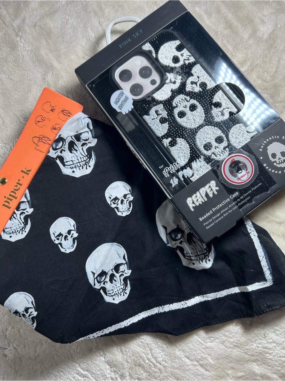 Pink Sky REAPER Beaded Embroidered Skull Phone Case, Purse Scarf Halloween 16PM